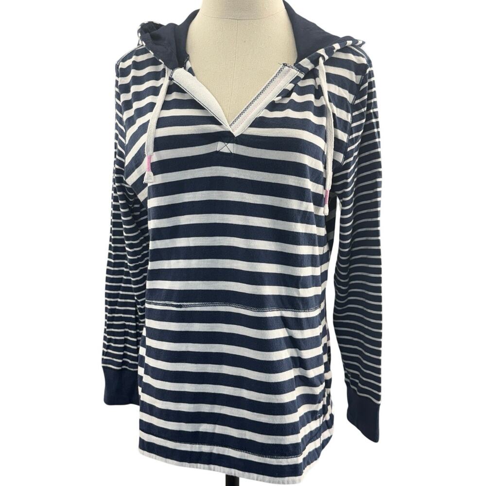 Women's Small Lightweight Hooded Striped Shirt Blue and White